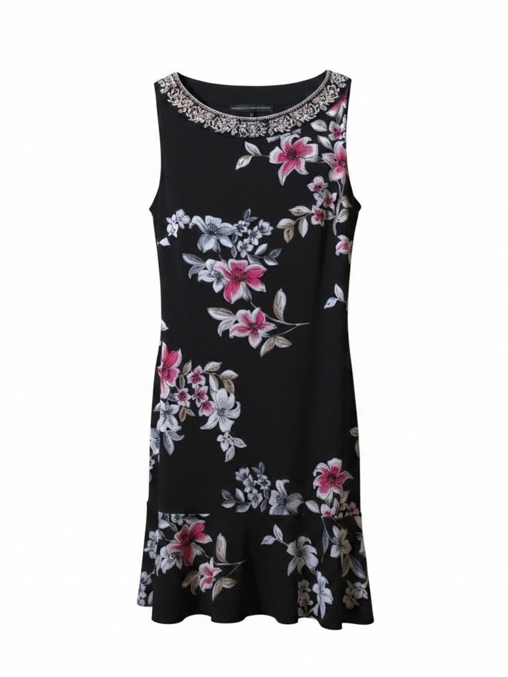 WHBM Floral Shift Dress Small Black Pink Sleeveless Rhinestone Neck Flounce Hem